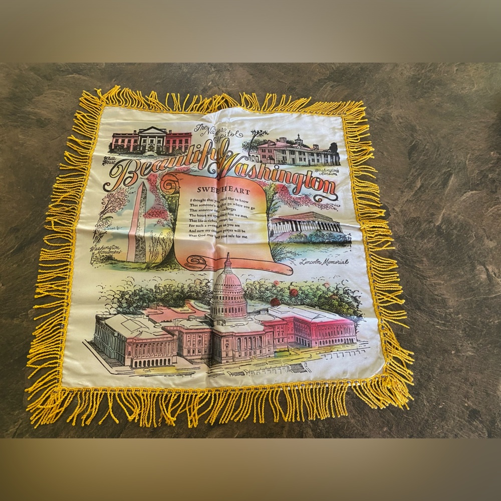 1950’s Fringed Satin Pillow Case “Beautiful Washington”